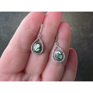 925 Sterling Silver Abalone Shell & CZ Dangling Pierced Earrings READ